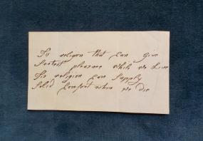A photograph of four lines of a poem by Mary Masters, written in an early, unidentified hand, beginning: "Tis religion that can give / S[w]eetest pleasure while we Live . . . ."