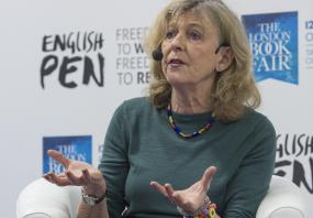 Photo of Deborah Moggach in conversation with Antonia Byatt during day one of the London Book Fair at Kensington
            Olympia