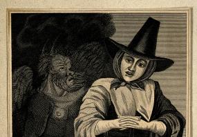 Line engraving of Anna Trapnel after Richard Gaywood, published by J. Caulfield in 1823. She is shown wearing Quaker dress, including a tall hat, and in conference with a devil. The print is captioned: "Hannah Trapnel, a Quaker, and pretended prophetess. . . . For an account of this extraordinary women, see Heath's Chronicle, Cromwelliana &amp; the High Court of Justice."