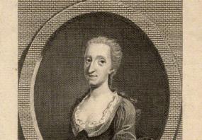 Black and white photograph of a line engraving of Catharine Trotter by an unknown artist, shown from the waist up. She wears a simple dark dress with scooped neckline over a white ruffled chemise. Her light hair is brushed back and hangs down behind her shoulders. The oval portrait is placed as if set into a wall, with a plaque below bearing her married name : "Catharine Cockburn". National Portrait Gallery.